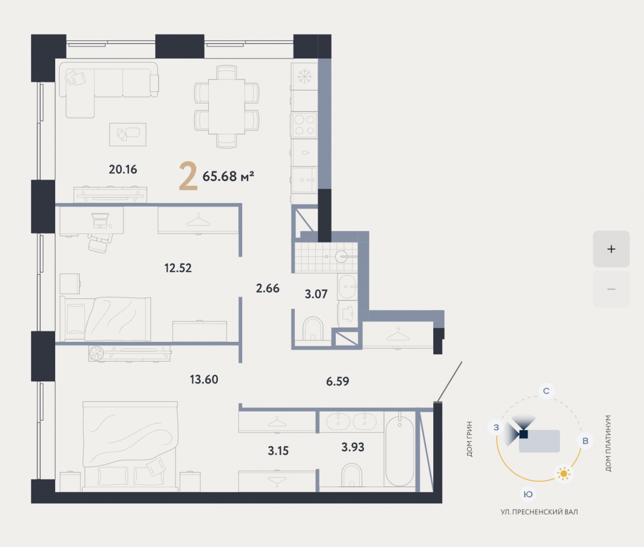 3-комнатная 68 м2 в ЖК undefined корпус null этаж 19