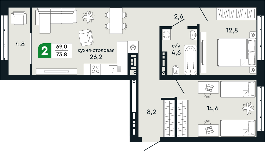 2-комнатная 73 м2 в ЖК Green Park корпус null этаж 4