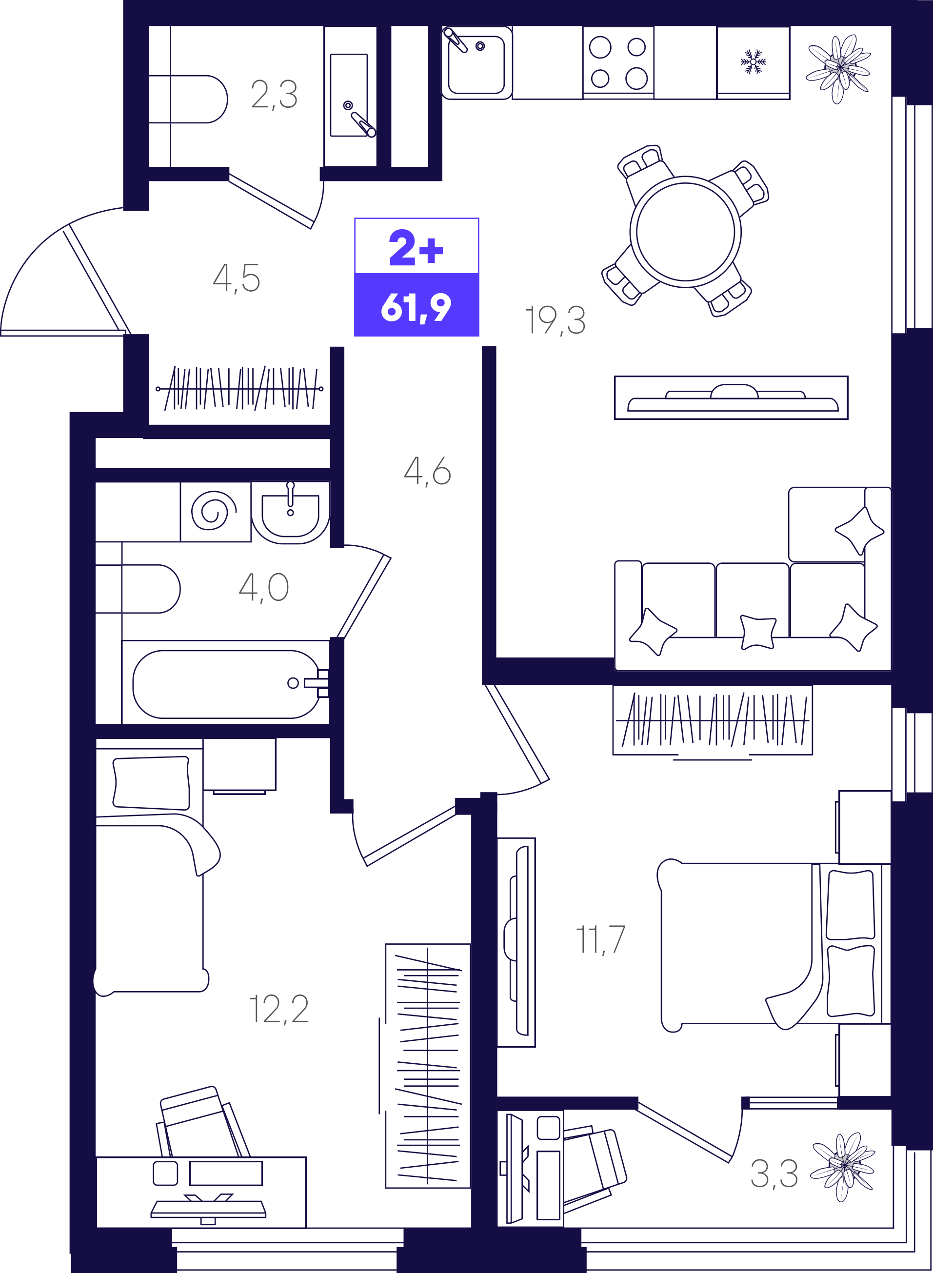 2-комнатная 61 м2 в ЖК Отличие корпус null этаж 8