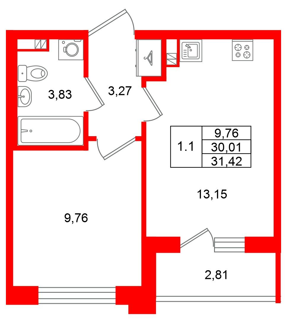 1-комнатная 30 м2 в ЖК Univer City корпус null этаж 3