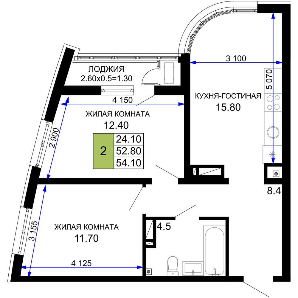 2-комнатная 54 м2 в ЖК Фонтаны корпус null этаж 5