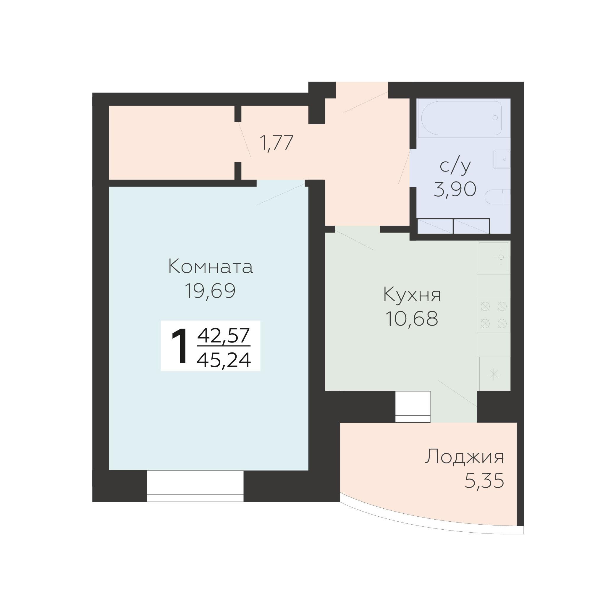 1-комнатная 45 м2 в ЖК Nova парк корпус null этаж 13