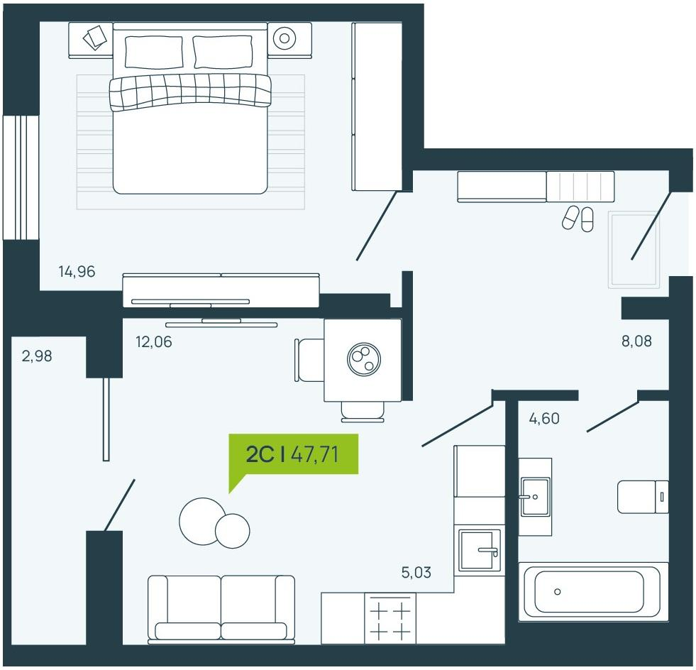 2-комнатная 47 м2 в ЖК Зоркий Парк корпус null этаж 9