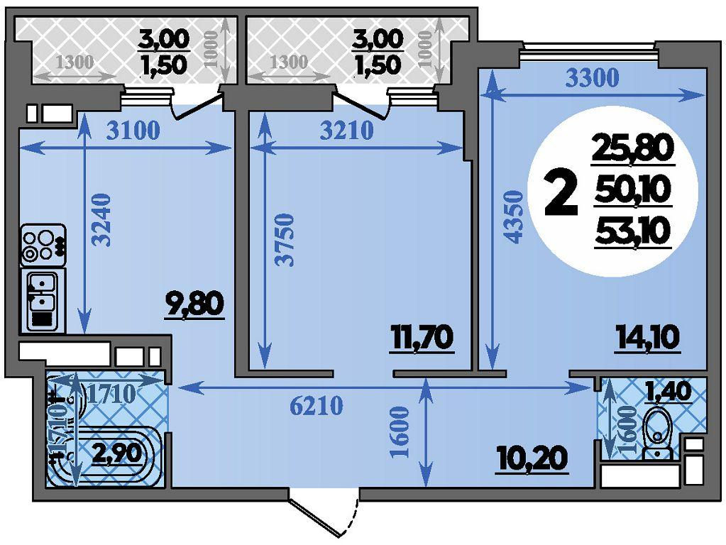 2-комнатная 53 м2 в ЖК Парк у дома корпус null этаж 5
