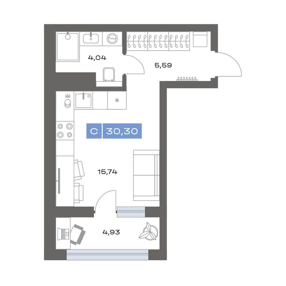 1-комнатная 30 м2 в ЖК Пятнашка корпус null этаж 6