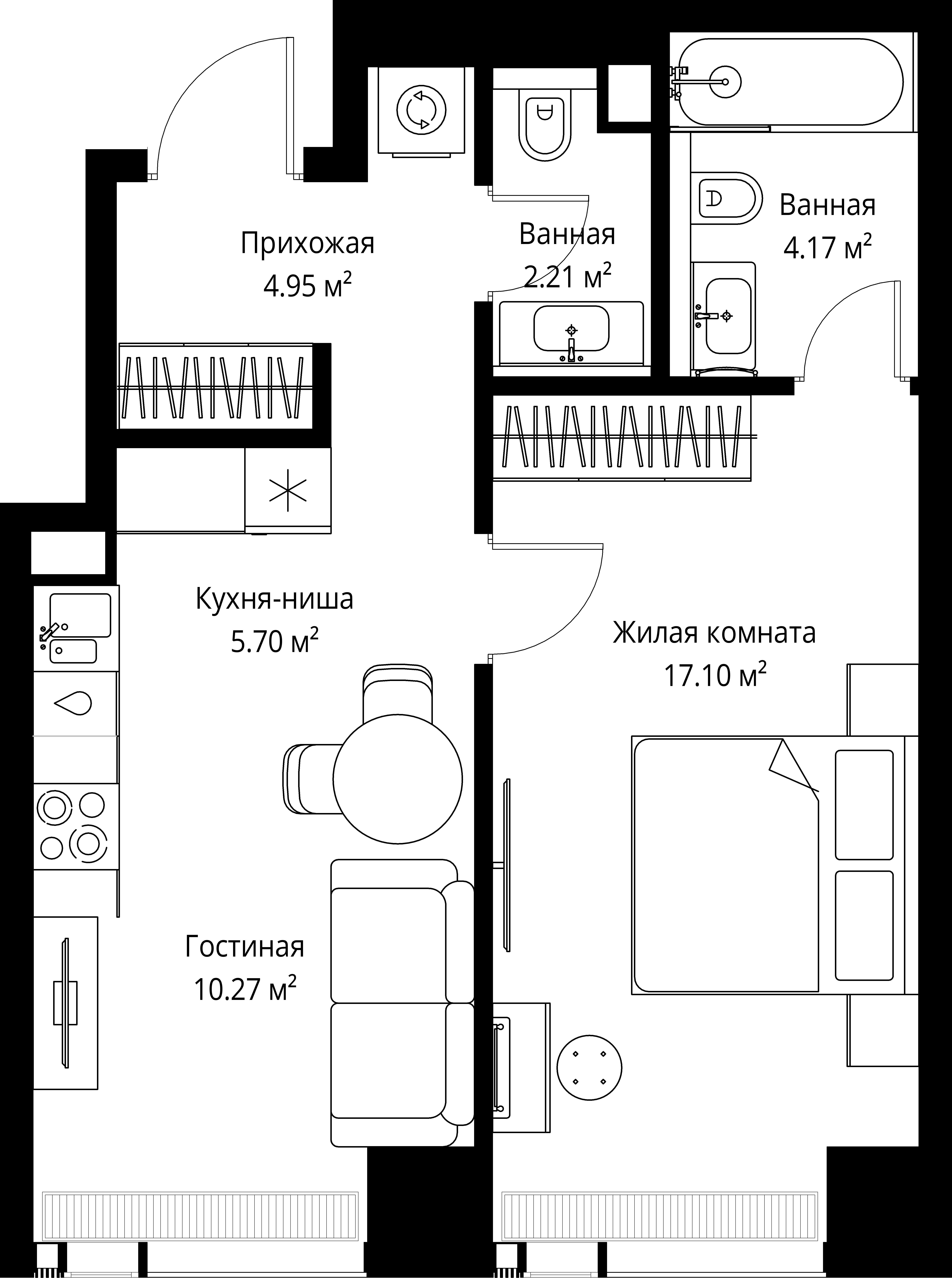1-комнатная 44 м2 в ЖК ВЕЕР корпус null этаж 4