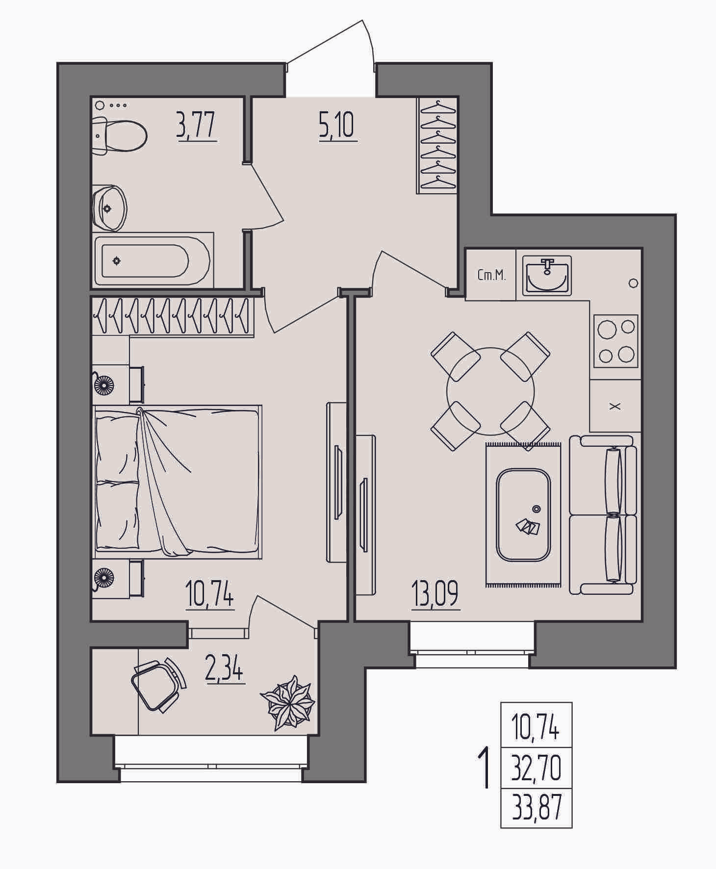 1-комнатная 33 м2 в ЖК Герои поколений корпус null этаж 3
