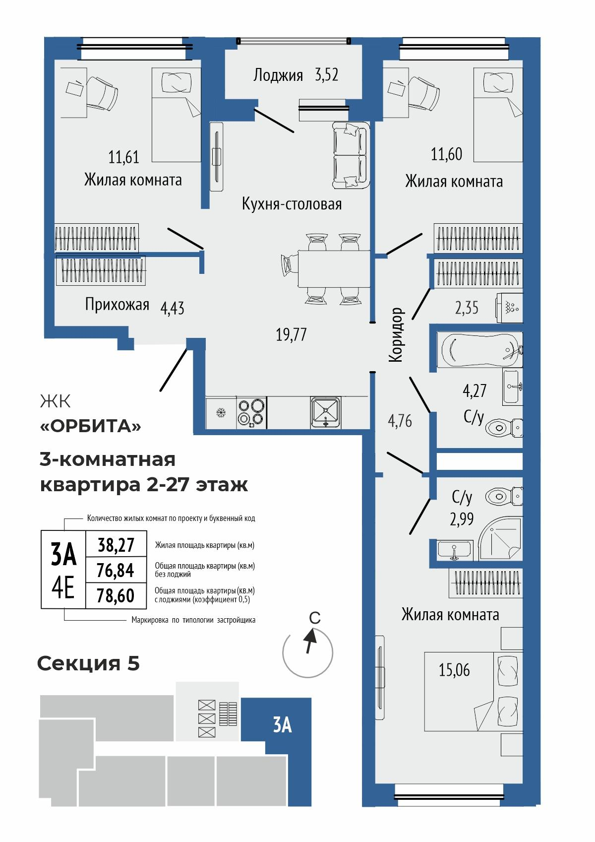 3-комнатная 79 м2 в ЖК Орбита на Титова корпус null этаж 6