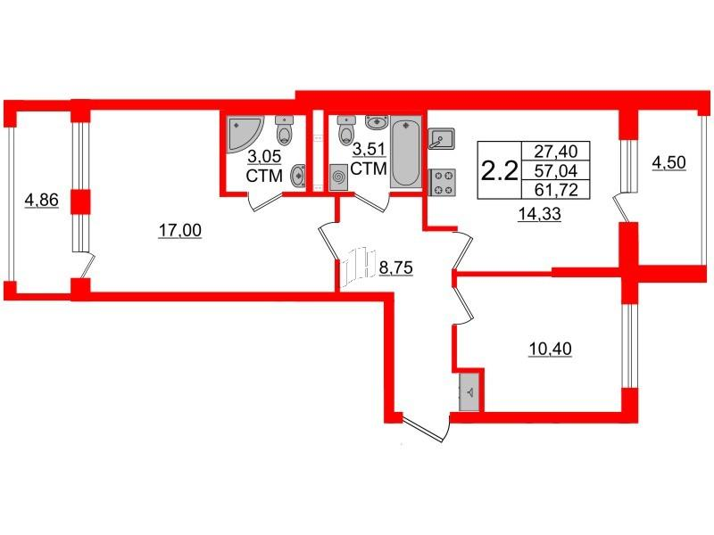 2-комнатная 57 м2 в ЖК Дворцовый фасад корпус null этаж 2