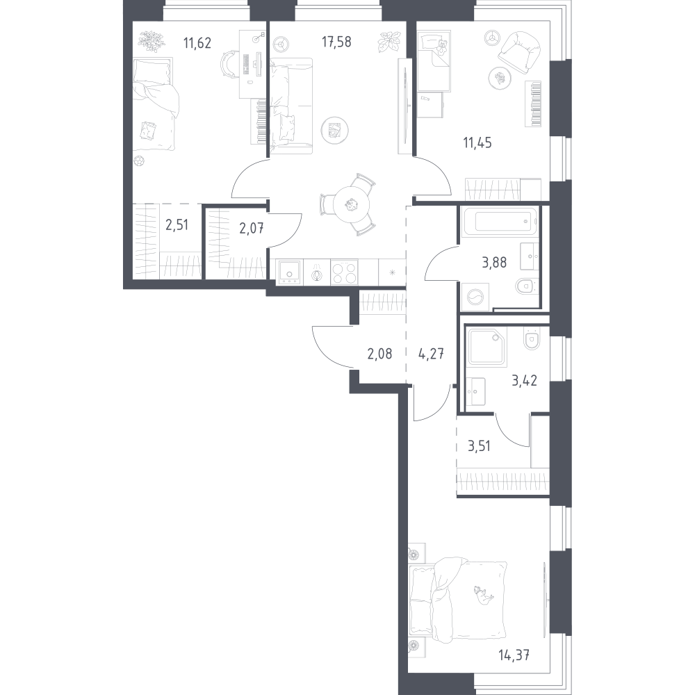 3-комнатная 76 м2 в ЖК Литературный Квартал корпус null этаж 6