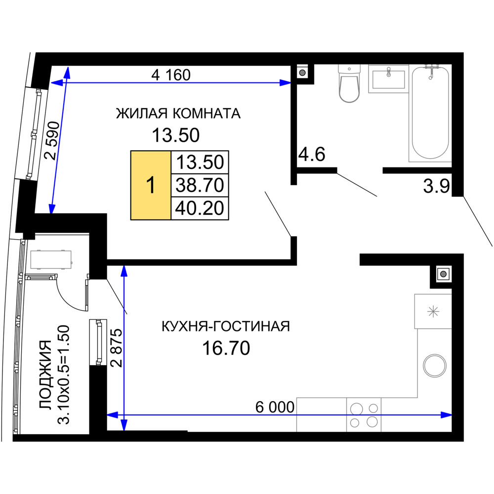 1-комнатная 40 м2 в ЖК Фонтаны корпус null этаж 2