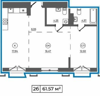 2-комнатная 61.6 м2 в ЖК undefined корпус null этаж 3