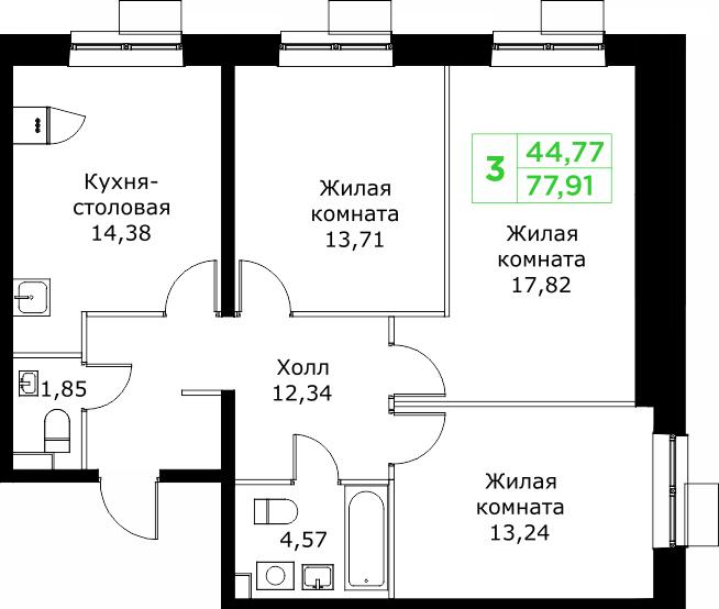 3-комнатная 77 м2 в ЖК Кит корпус null этаж 16