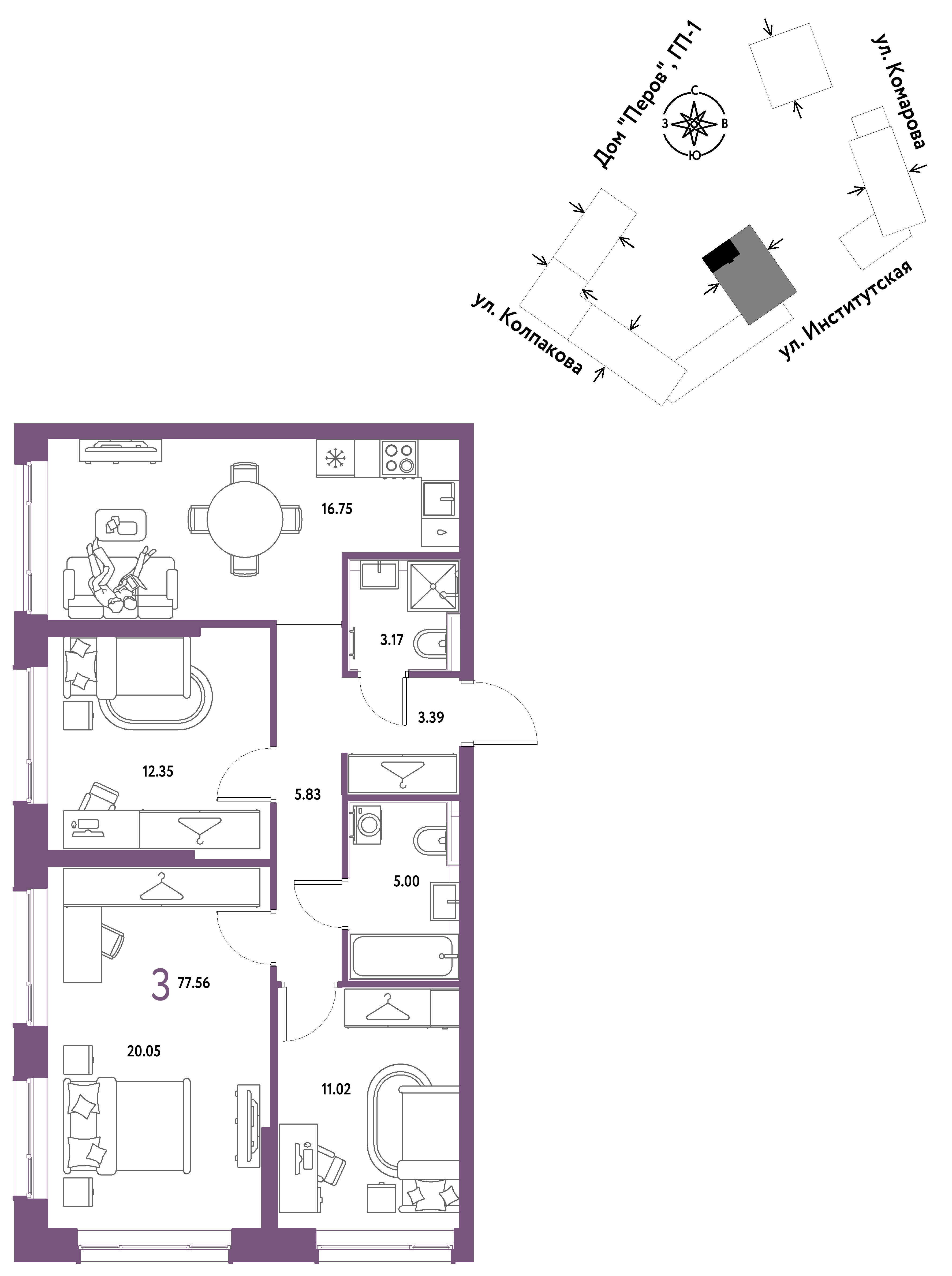 3-комнатная 77 м2 в ЖК Страна.Парковая корпус null этаж 14