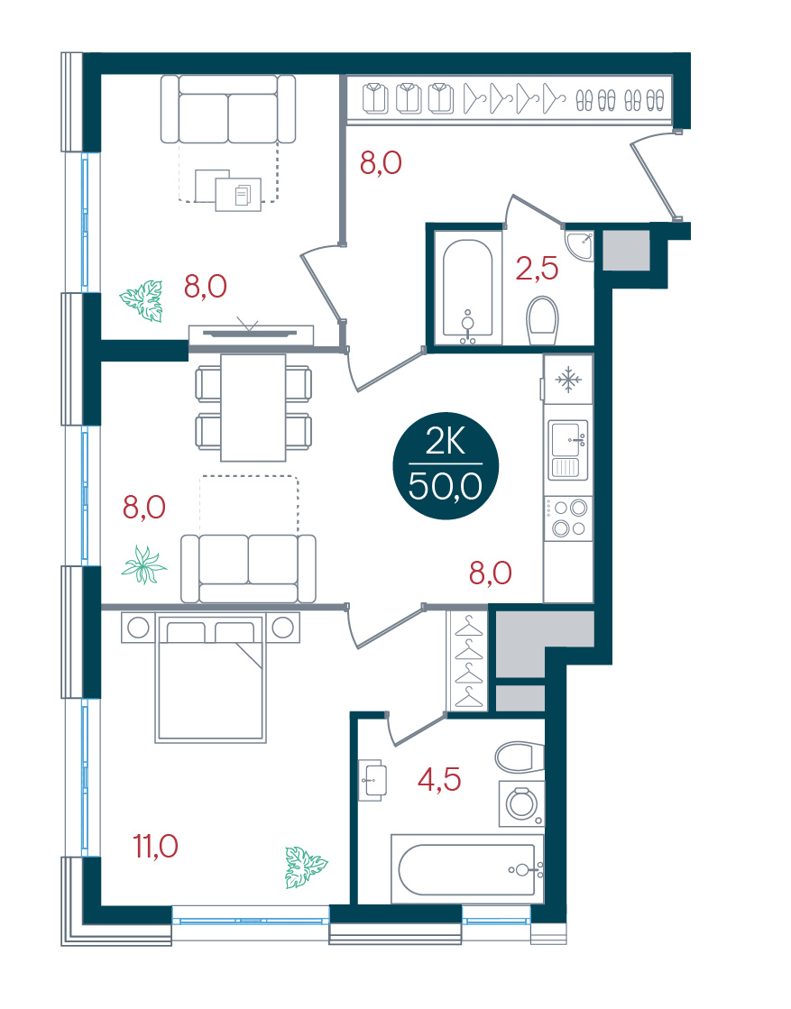 2-комнатная 50 м2 в ЖК Русич Кантемировский корпус null этаж 13