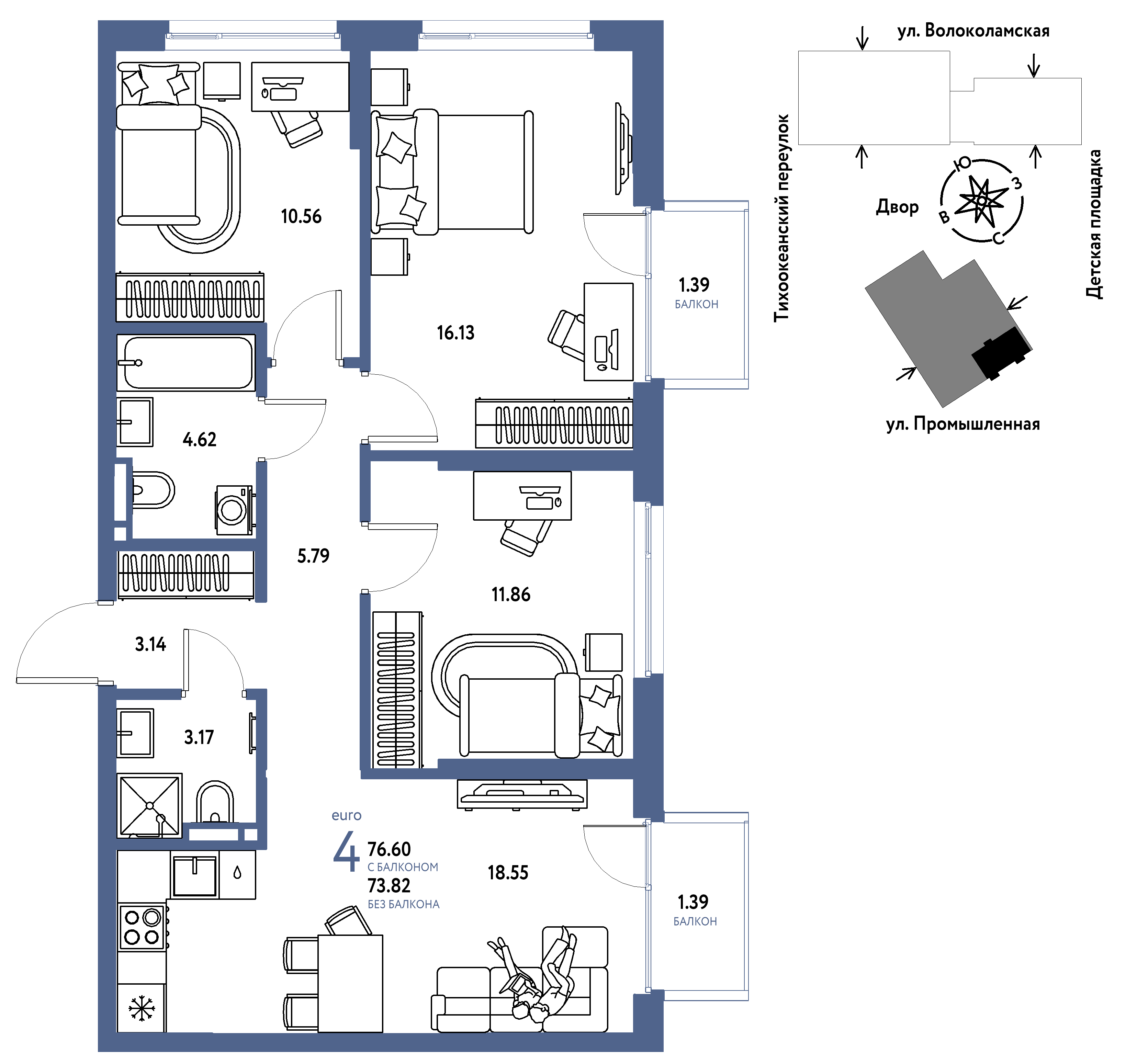 4-комнатная 76 м2 в ЖК Страна.Прибрежная корпус null этаж 13