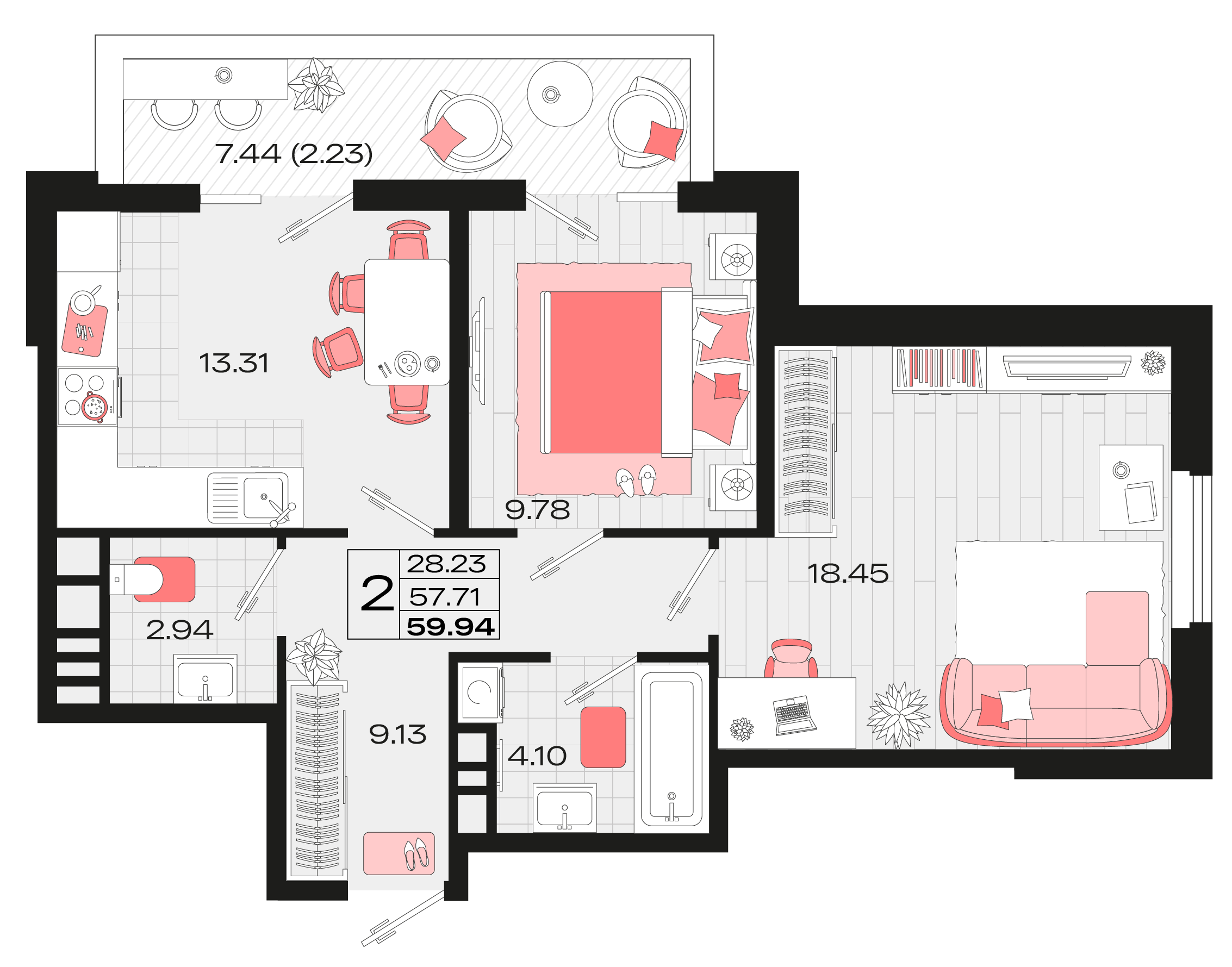 2-комнатная 57 м2 в ЖК Римские каникулы корпус null этаж 2