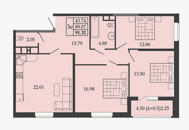 3-комнатная 92 м2 в ЖК undefined корпус null этаж 13