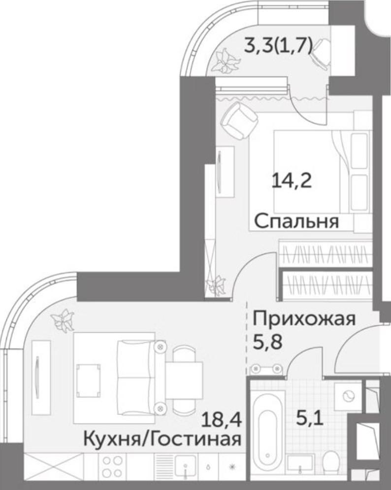 2-комнатная 45.5 м2 в ЖК undefined корпус null этаж 10