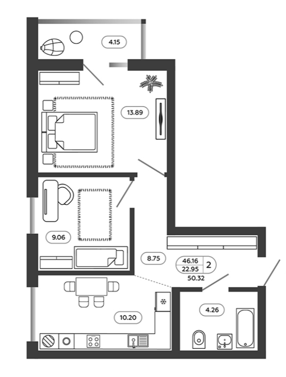 2-комнатная 65.1 м2 в ЖК undefined корпус null этаж 2