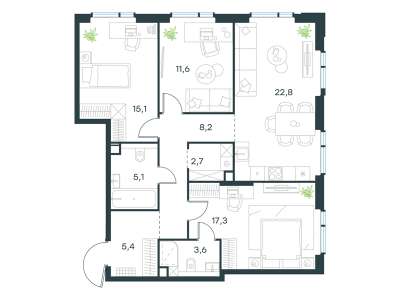 3-комнатная 91 м2 в ЖК Level Войковская корпус null этаж 2