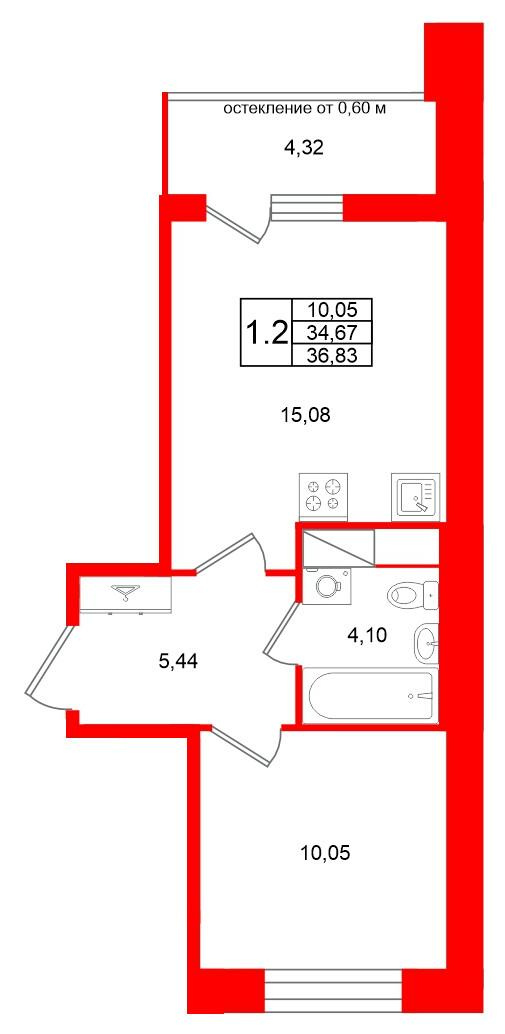 1-комнатная 34 м2 в ЖК Титул в Московском корпус null этаж 4