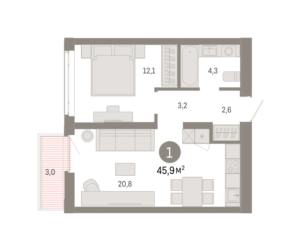 1-комнатная 45 м2 в ЖК Республики 205 корпус null этаж 6