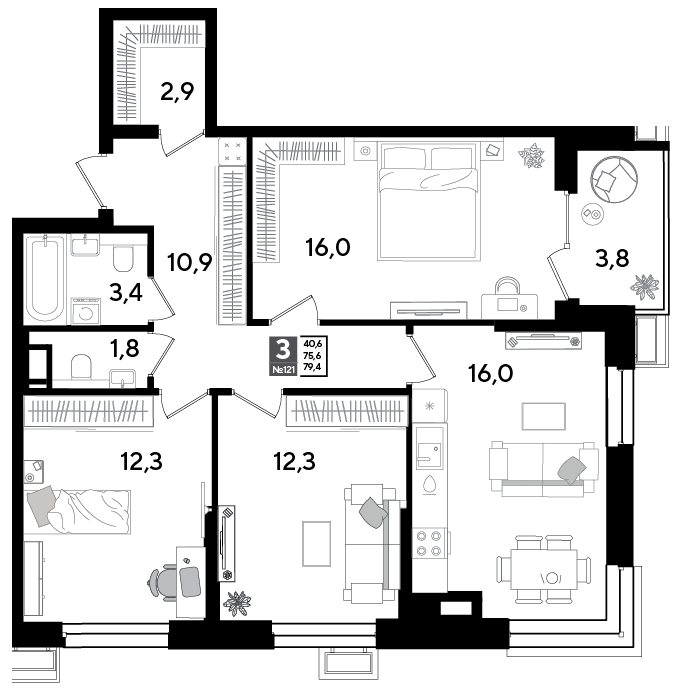 3-комнатная 77 м2 в ЖК Парк Победы 2 корпус null этаж 15