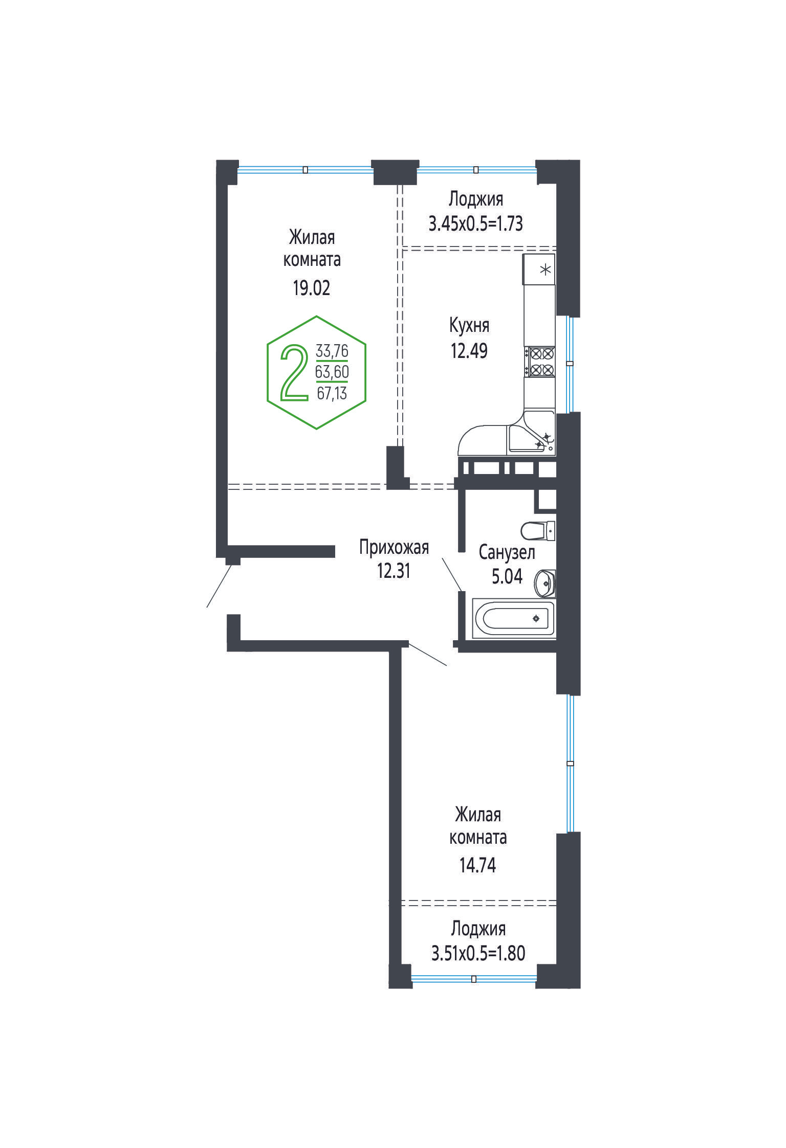 2-комнатная 67 м2 в ЖК Гарантия Прайм корпус null этаж 5