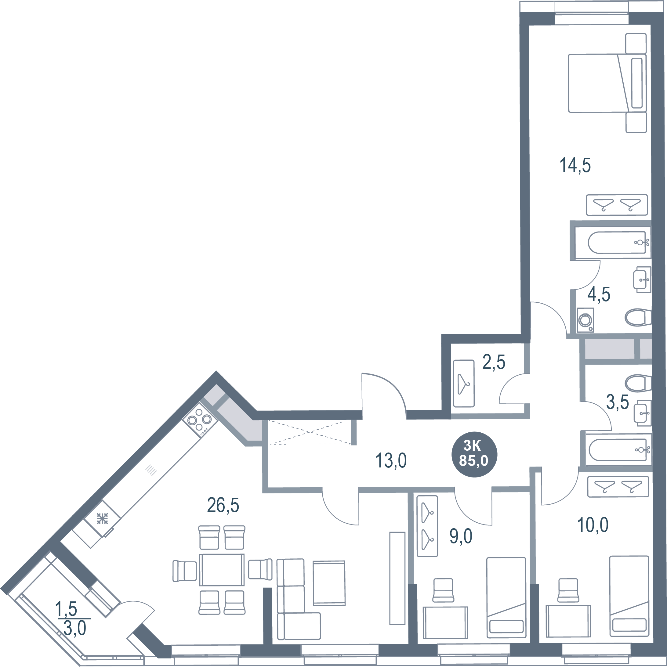 3-комнатная 85 м2 в ЖК Русич Котельники Парк корпус null этаж 15