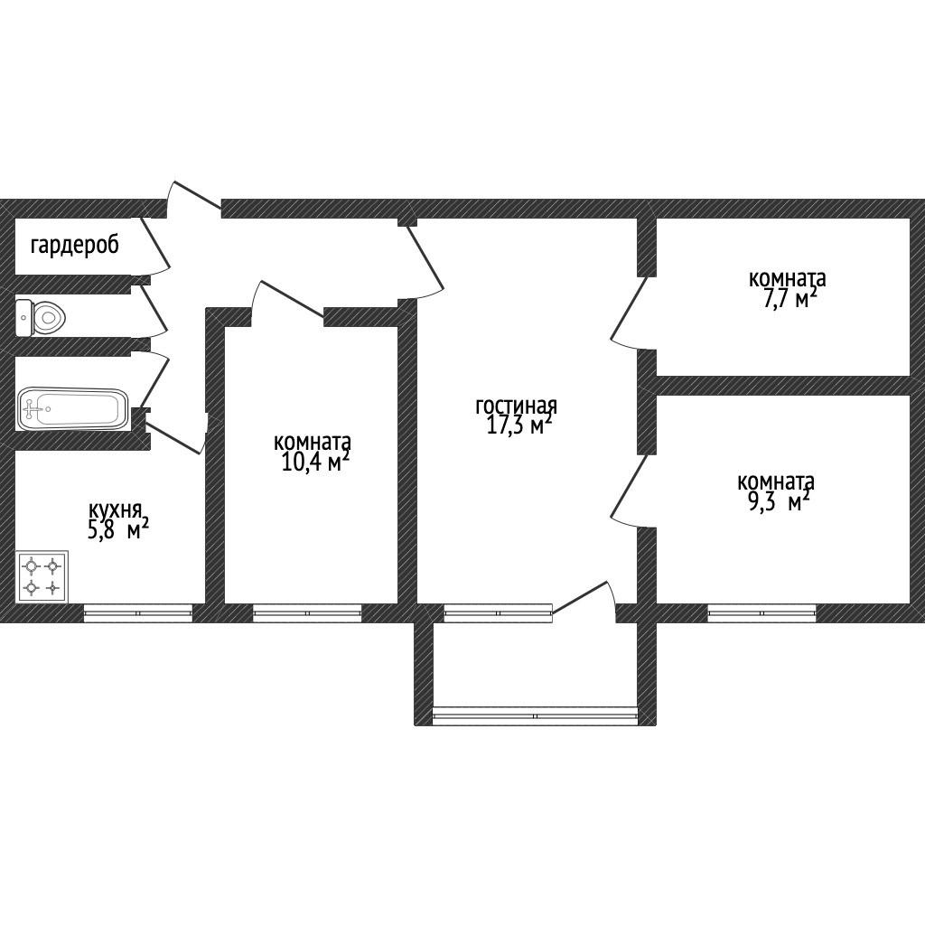 4-комнатная 61.3 м2 в ЖК undefined корпус null этаж 5