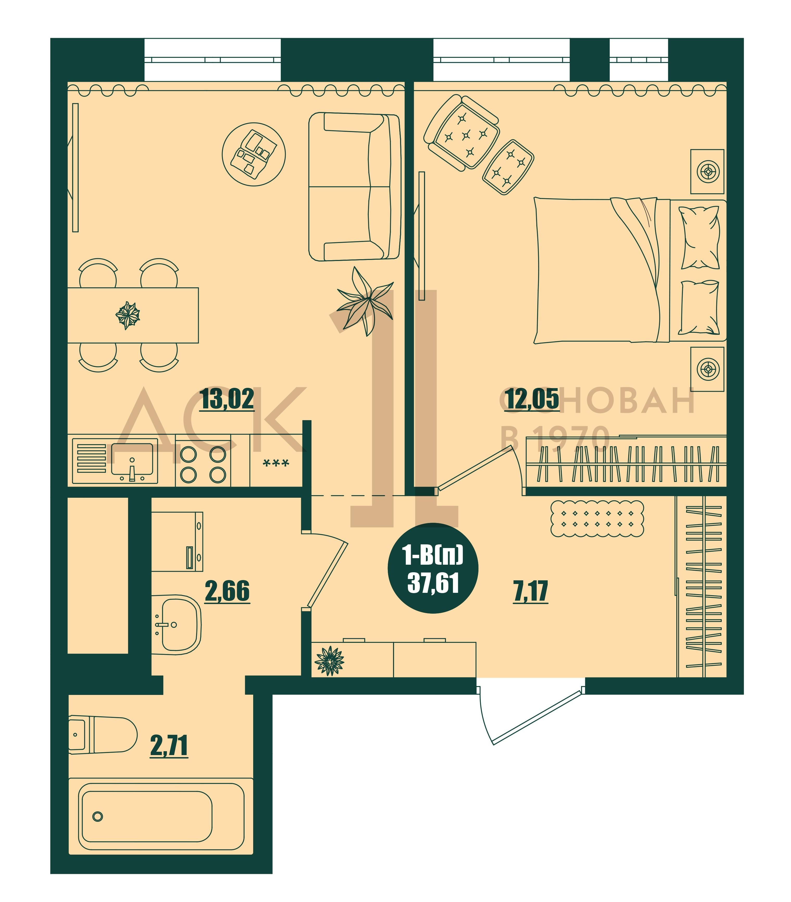 1-комнатная 37 м2 в ЖК Крылов корпус null этаж 14