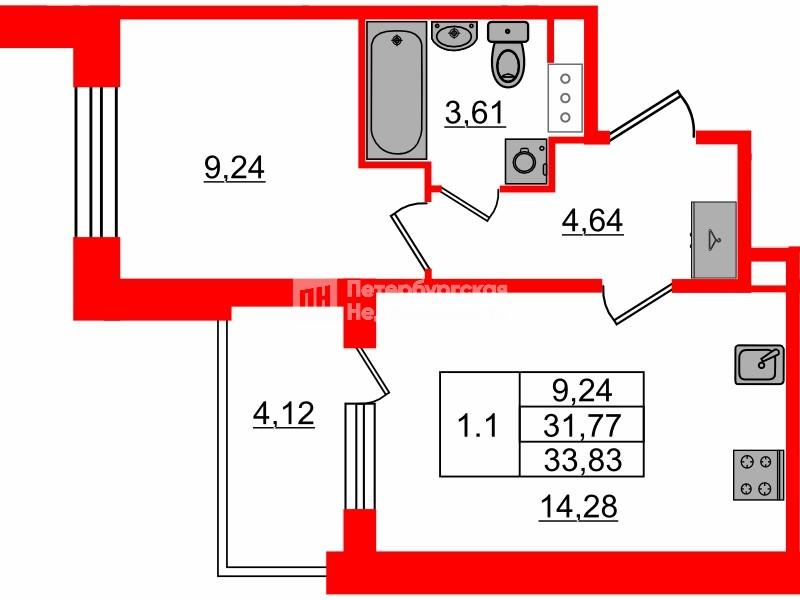 1-комнатная 31 м2 в ЖК Сэтл Лофт корпус null этаж 7