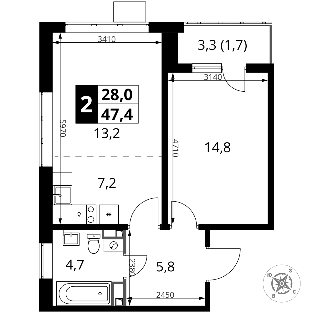 2-комнатная 47 м2 в ЖК 1-й Донской корпус null этаж 22
