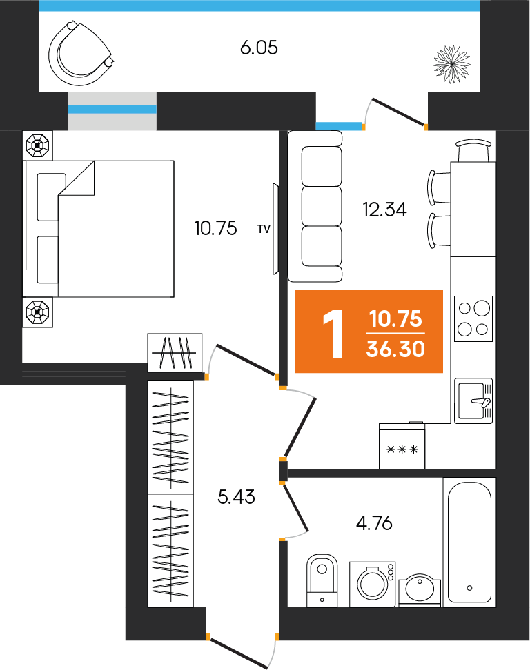 1-комнатная 36 м2 в ЖК Клубный дом Симфония корпус null этаж 7