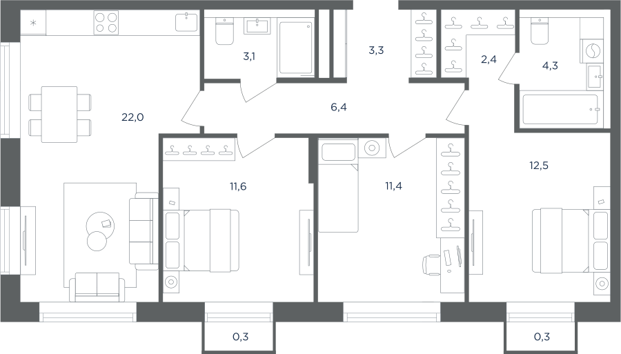 3-комнатная 77 м2 в ЖК Равновесие корпус null этаж 5