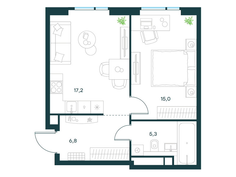 1-комнатная 44 м2 в ЖК Level Войковская корпус null этаж 7
