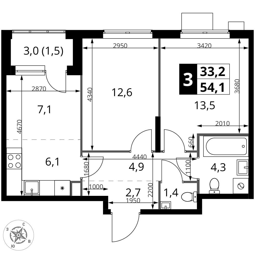 3-комнатная 54 м2 в ЖК 1-й Измайловский корпус null этаж 5