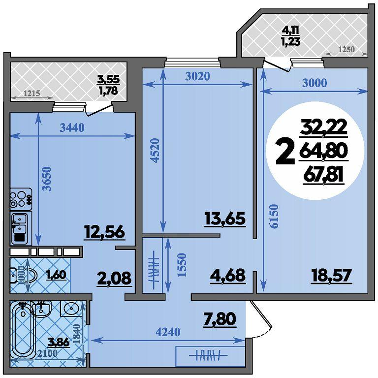 2-комнатная 67 м2 в ЖК Восточный корпус null этаж 11