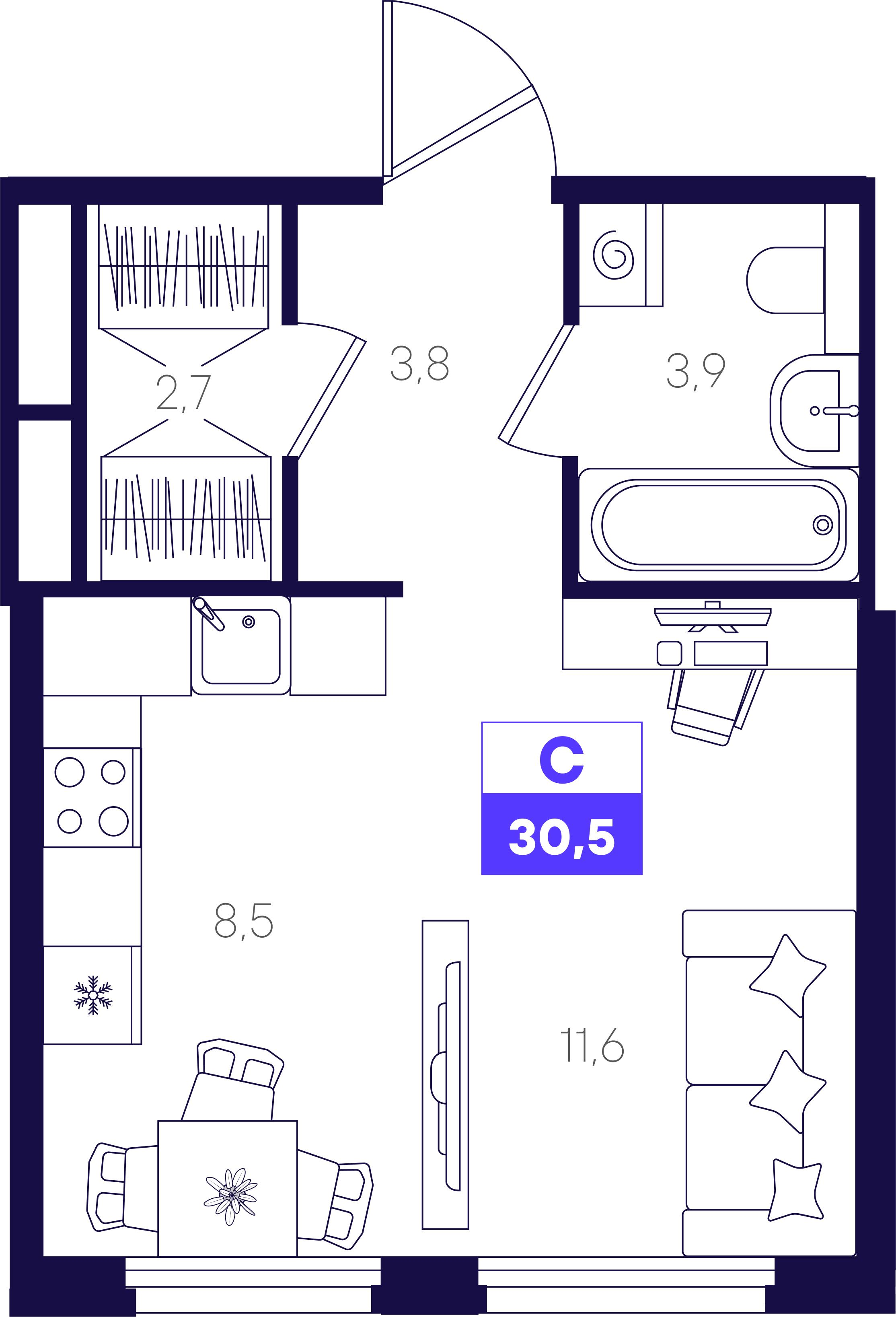 Студия 30 м2 в ЖК Отличие корпус null этаж 1