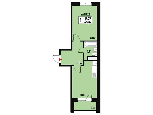 1-комнатная 44 м2 в ЖК Борисоглебское корпус null этаж 1