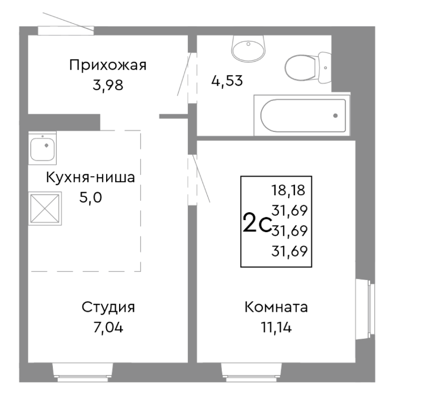 1-комнатная 31.7 м2 в ЖК undefined корпус null этаж 2