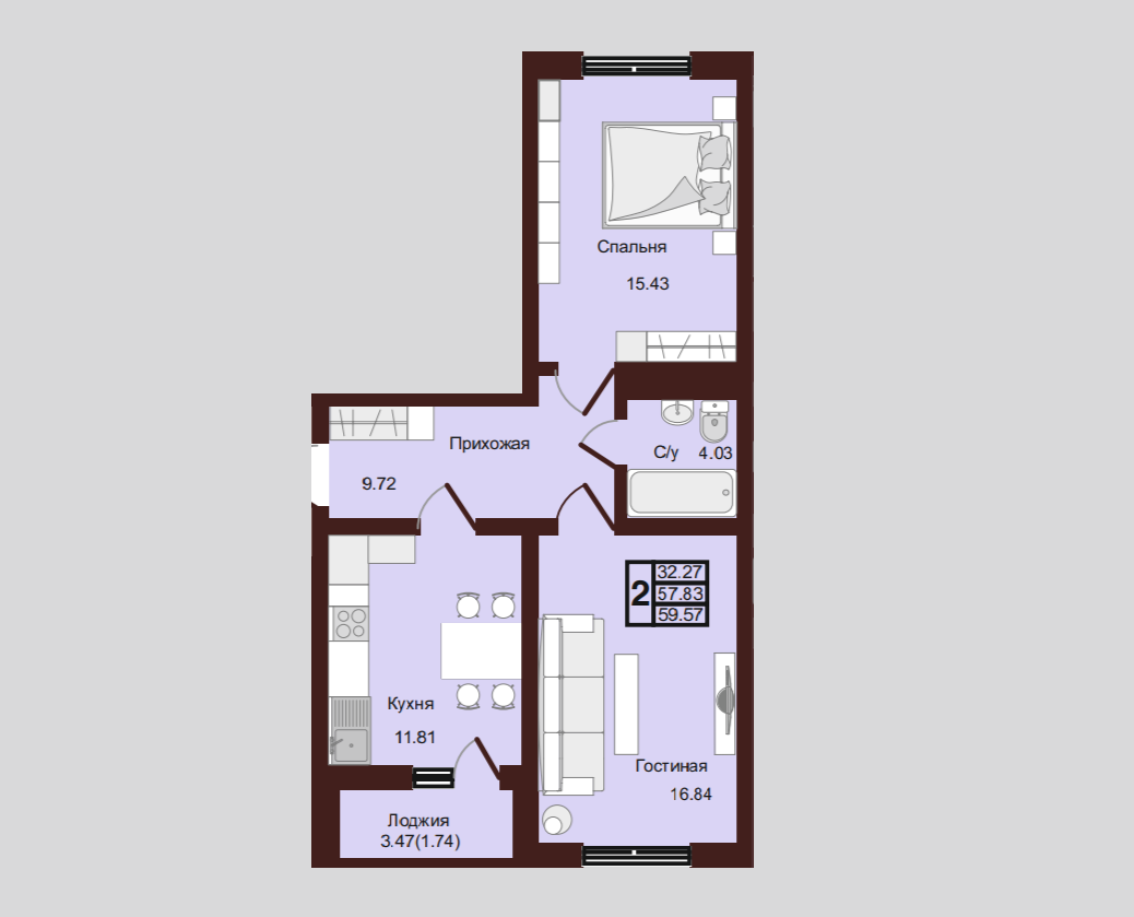 2-комнатная 59.6 м2 в ЖК undefined корпус null этаж 10