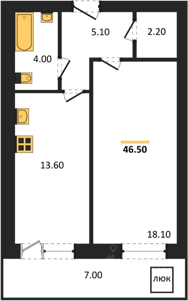 1-комнатная 46.5 м2 в ЖК undefined корпус null этаж 7