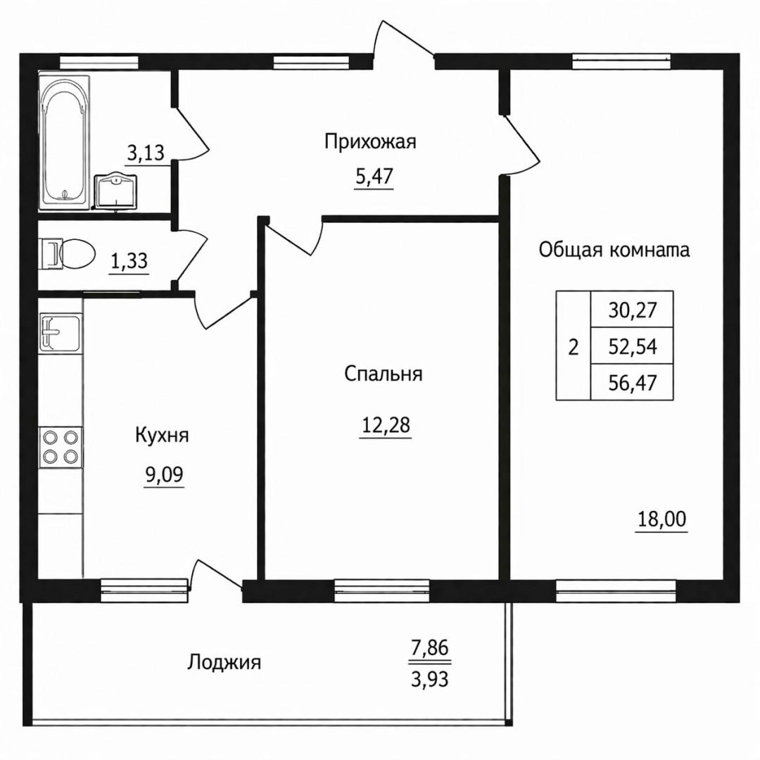 2-комнатная 52.5 м2 в ЖК undefined корпус null этаж 2