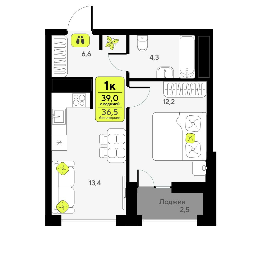 1-комнатная 39 м2 в ЖК Мотивы корпус null этаж 7