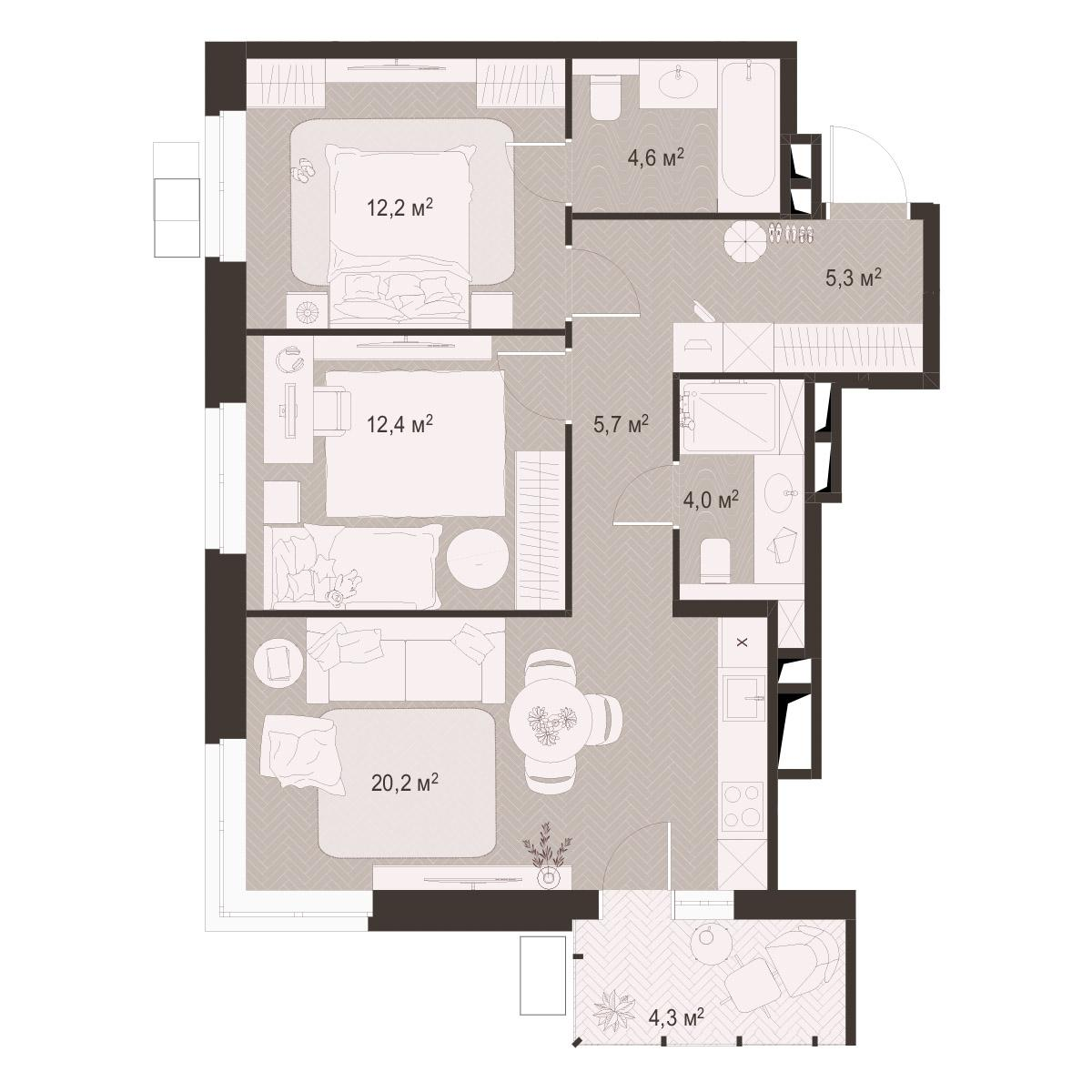 2-комнатная 68 м2 в ЖК Гранд Комфорт-3 корпус null этаж 15