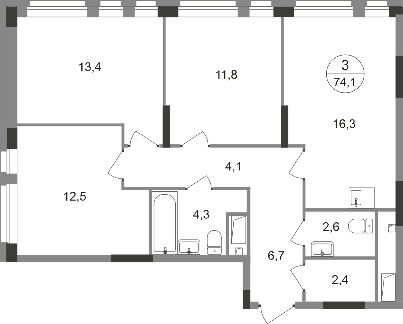 3-комнатная 74 м2 в ЖК Первый Московский корпус null этаж 6
