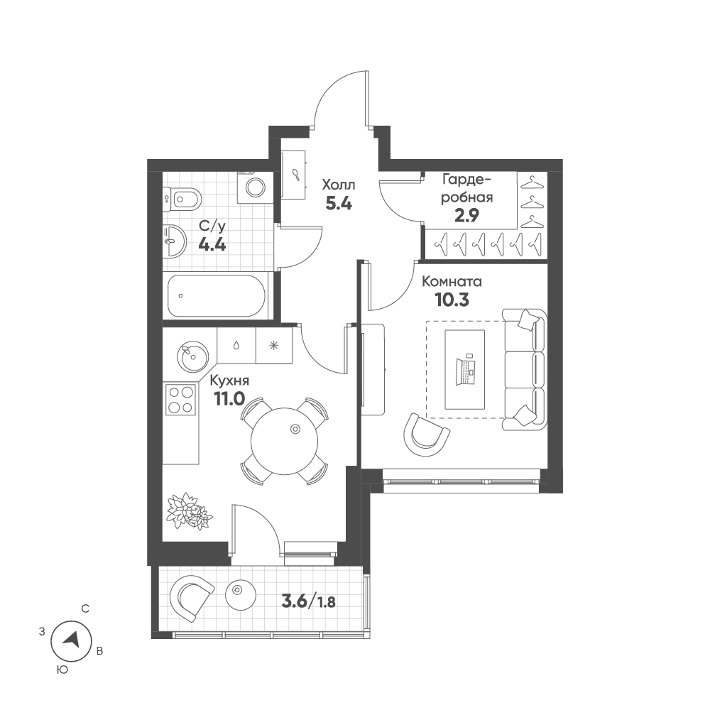 1-комнатная 35 м2 в ЖК Солнечный корпус null этаж 13