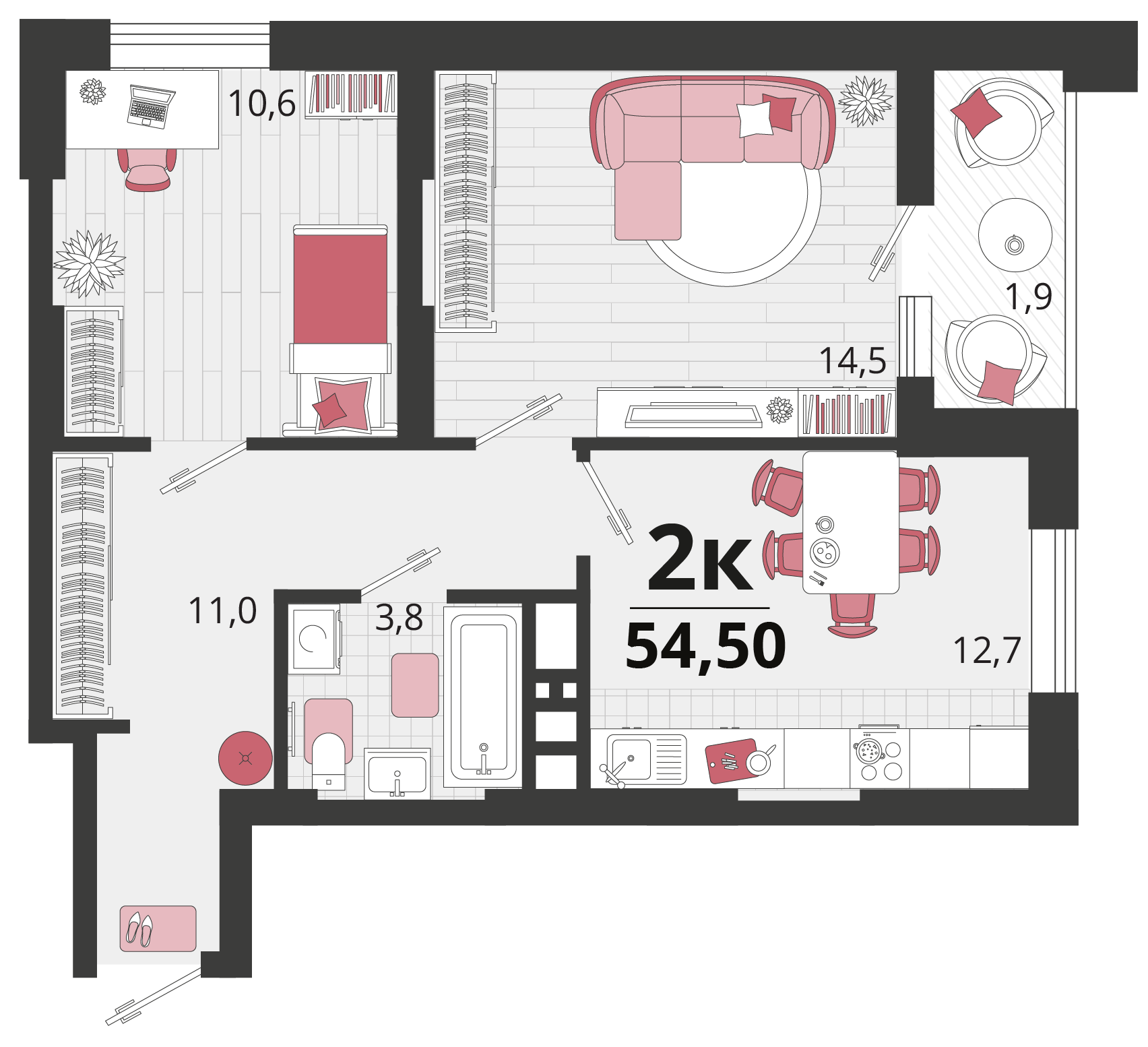 2-комнатная 54 м2 в ЖК Родные просторы корпус null этаж 13